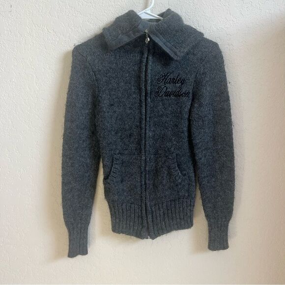 Harley Davidson Wool Blend Cable Knit Gray Zip Up Jacket Women’s Size XS - Picture 8 of 8